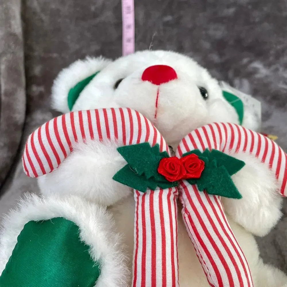 Vtg 90's White Christmas Bear Plush w/ Candy Canes & Santa Hat Green Feet TAGS